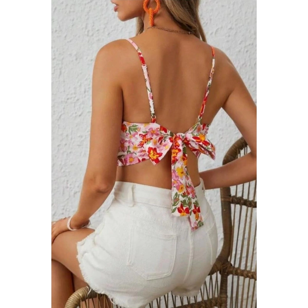 Bella Notte Çok Renkli Retro Çiçekli Askılı Crop B-5510