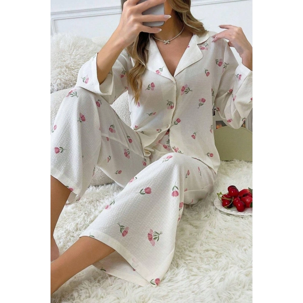 Bella Notte Ekru Desenli Düğmeli Uzun Pijama Takım 7085