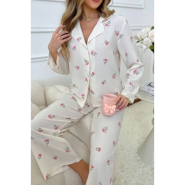 Bella Notte Ekru Desenli Düğmeli Uzun Pijama Takım 7085