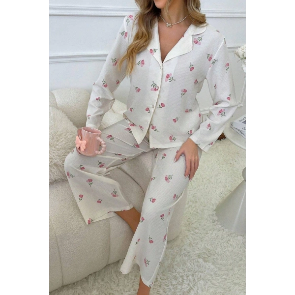 Bella Notte Ekru Desenli Düğmeli Uzun Pijama Takım 7085