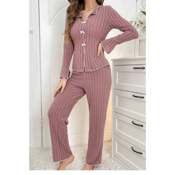Bella Notte Gül Kurusu Kurdale Detaylı Uzun Kollu Pijama Takımı 7159