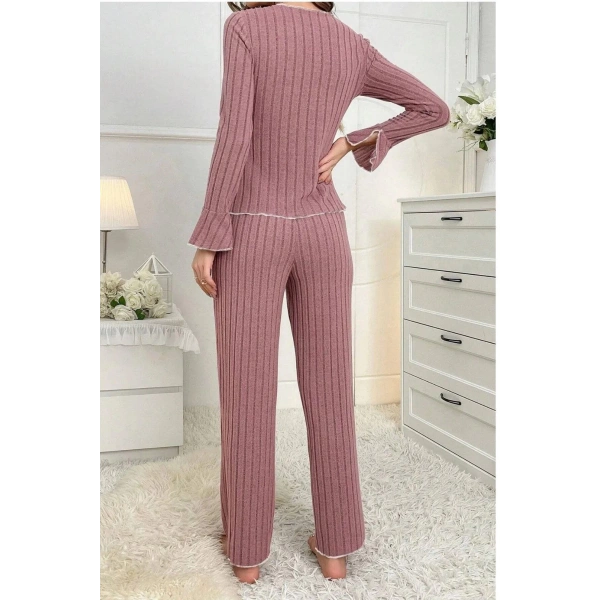 Bella Notte Gül Kurusu Kurdale Detaylı Uzun Kollu Pijama Takımı 7159