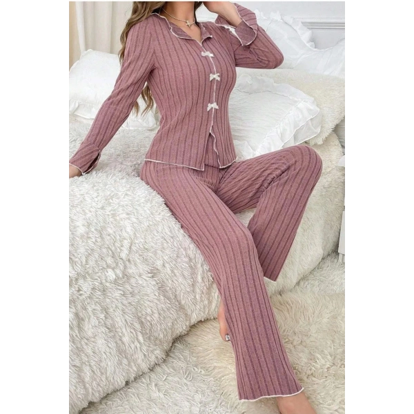 Bella Notte Gül Kurusu Kurdale Detaylı Uzun Kollu Pijama Takımı 7159