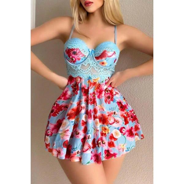 Bella Notte Mavi Rüya Gecesi Çiçekli Askılı Mini Gecelik 15628