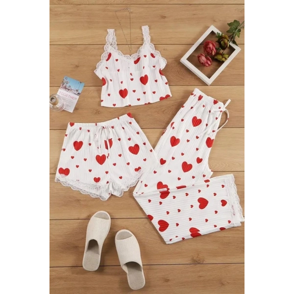Bella Notte Pamuklu 3 Parça Kalp Desenli Pijama Takımı 7707