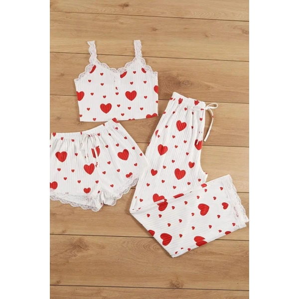 Bella Notte Pamuklu 3 Parça Kalp Desenli Pijama Takımı 7707