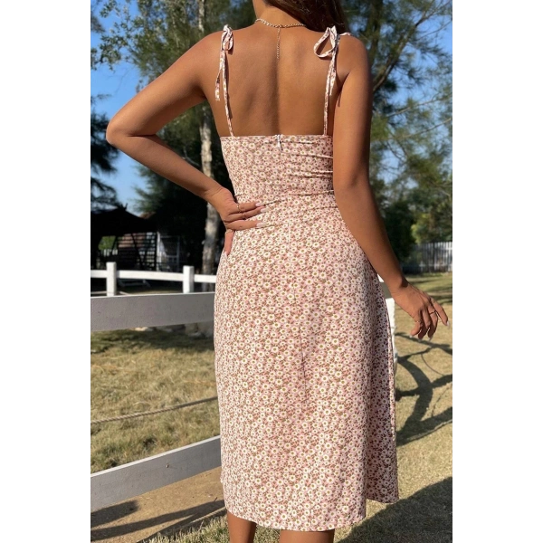 Bella Notte Pembe Bahar Yırtmaçlı Elbise E-5501