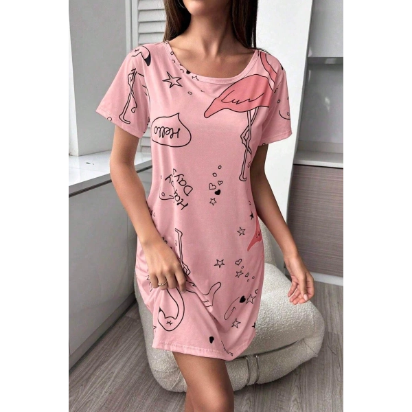 Bella Notte Pembe Flamingo Desenli Kadın Gecelik- Uyku Elbisesi 15726