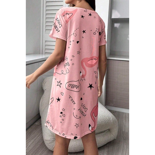 Bella Notte Pembe Flamingo Desenli Kadın Gecelik- Uyku Elbisesi 15726