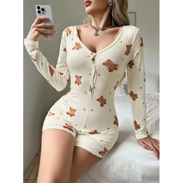 Kadın Bej Ayıcık Desenli Pijama Tulumu 5123