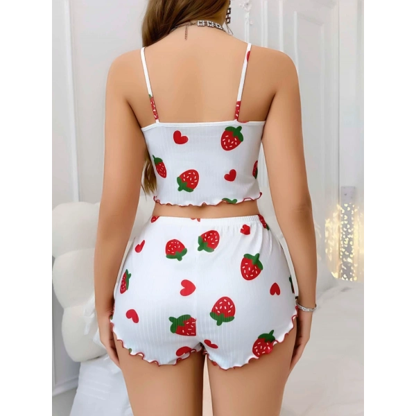 Kadın Beyaz Çilek desenli Şortlu Pijama Takımı 5053