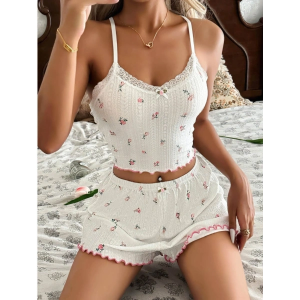 Kadın Çiçek Desenli Dantel Askılı Şortlu Pijama Takımı 5235