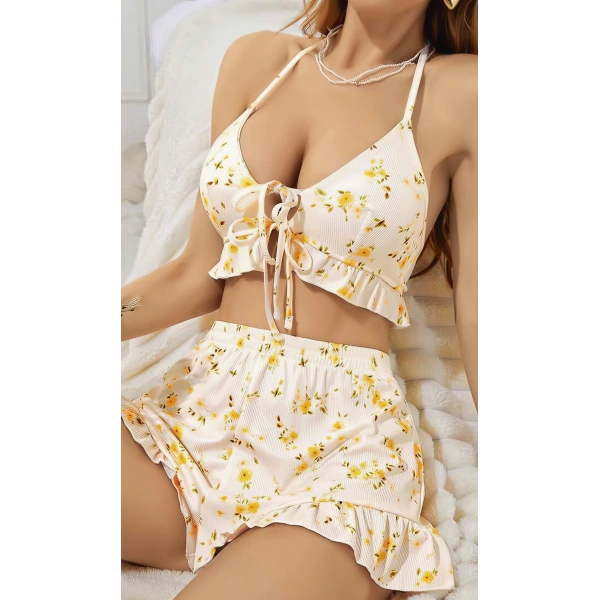 Kadın Çiçekli Ekru Askılı Şortlu Pijama Takım 5017