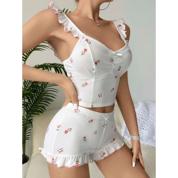 Kadın Gül ve Kiraz Desenli Şortlu Gecelik Takım 5112