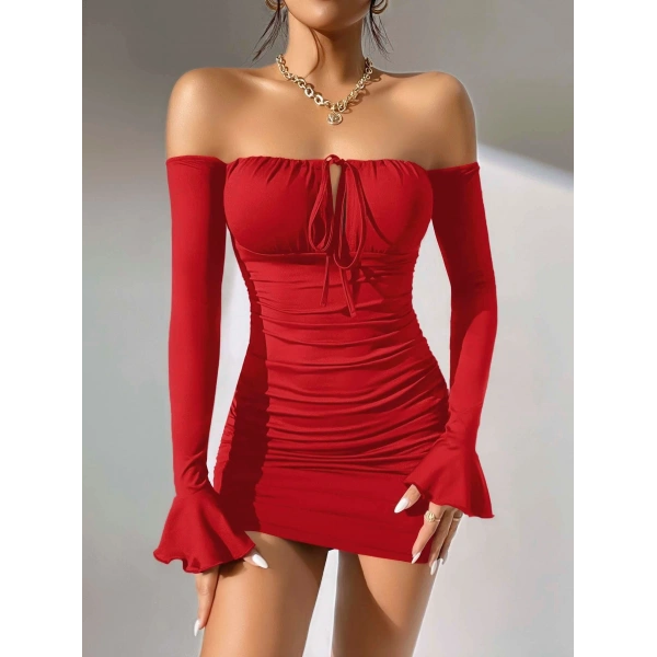 Kadın Kırmızı Dalgıç Kumaş İspanyol Kol Fantezi Elbise 5151