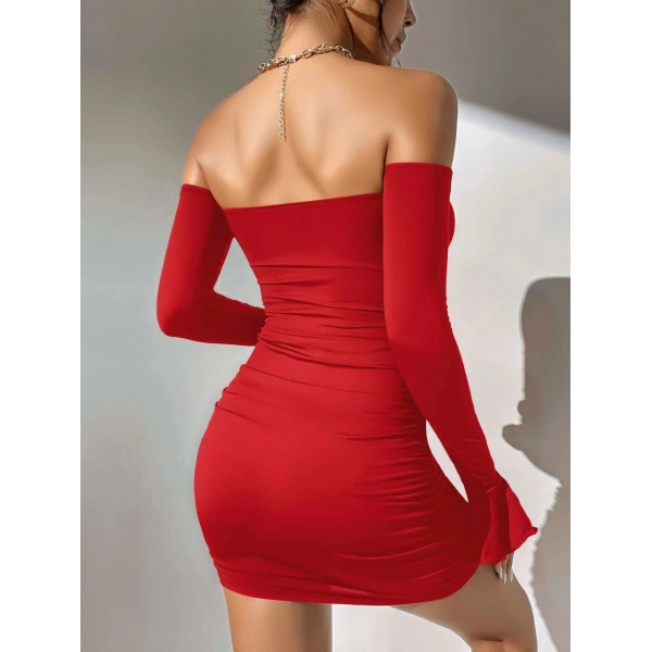 Kadın Kırmızı Dalgıç Kumaş İspanyol Kol Fantezi Elbise 5151