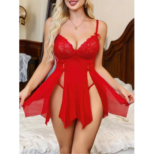 Kadın Kırmızı Dantelli Transparan Fantezi Gecelik 2279