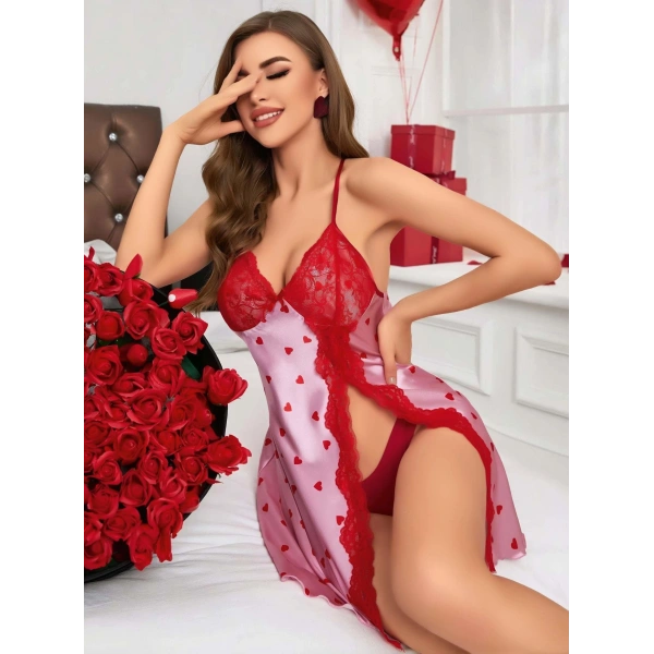 Kadın Kırmızı kalp Desenli saten Gecelik 2220