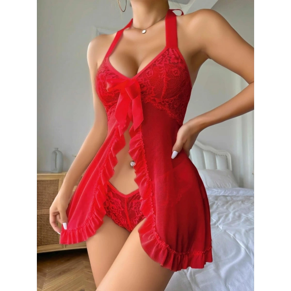 Kadın Kırmızı Transparan Fantezi Gecelik 2277