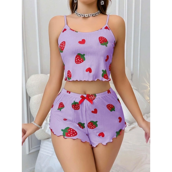 Kadın Mor Çilek desenli Şortlu Pijama Takımı 5061
