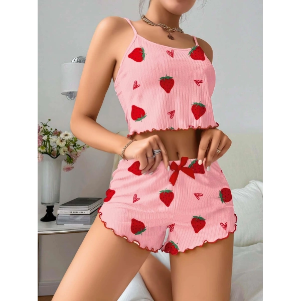 Kadın Pembe Çilek desenli Şortlu Pijama Takımı 5056