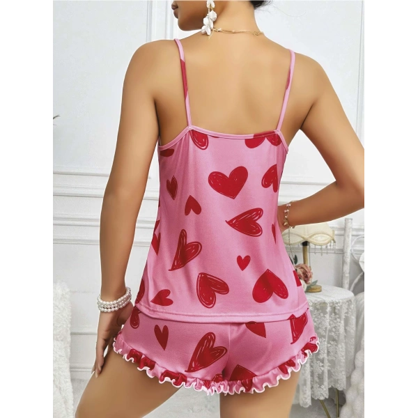 Kadın Pembe Kalp Baskılı Şortlu Gecelik Pijama Takımı 5050