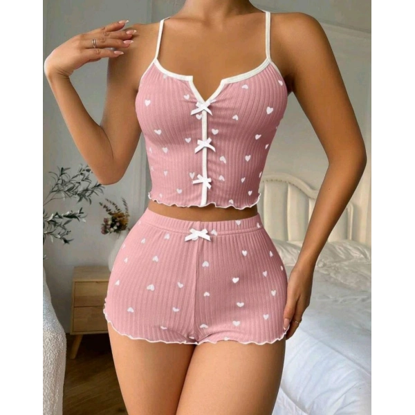 Kadın Pembe Kalpli Askılı Şortlu Pijama Takım 5009