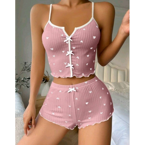 Kadın Pembe Kalpli Askılı Şortlu Pijama Takım 5009