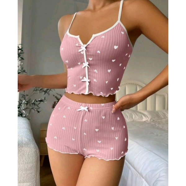 Kadın Pembe Kalpli Askılı Şortlu Pijama Takım 5009