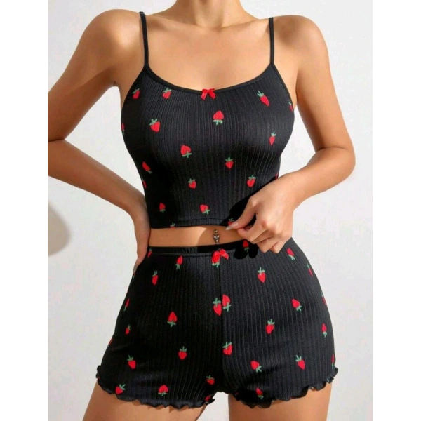 Kadın Siyah Çilek Desenli Seksi Gecelik Takım 5020