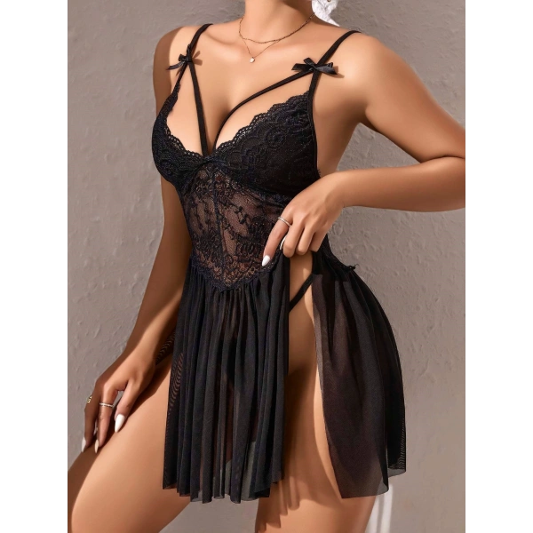 Kadın Siyah Dantelli Yırtmaçlı Transparan Fantezi Gecelik 2280