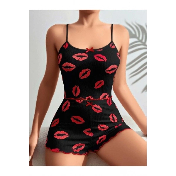 Kadın Siyah Dudak Desenli Şortlu Pijama Takımı 5057