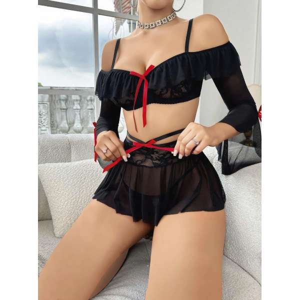 Kadın Siyah Etek Bustiyer Sexy Gecelik Takım 2157