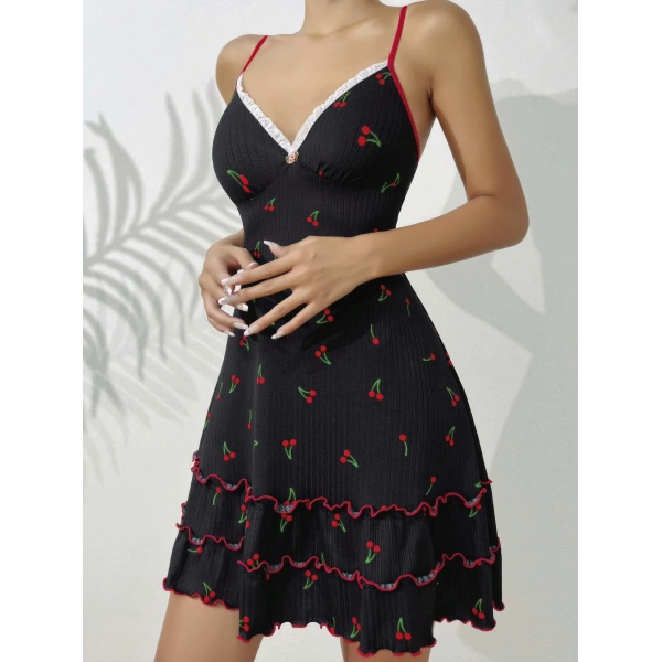 Kadın Siyah Kiraz Baskılı  Akılı Gecelik 5110