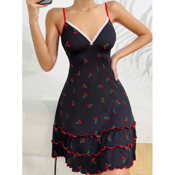 Kadın Siyah Kiraz Baskılı  Akılı Gecelik 5110