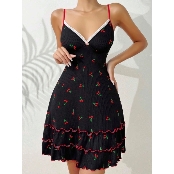 Kadın Siyah Kiraz Baskılı  Akılı Gecelik 5110