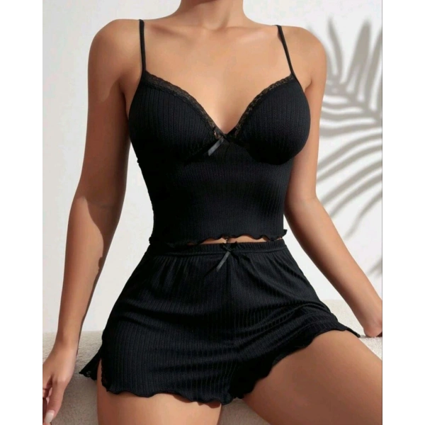 kadın siyah şortlu gecelik takım 5016