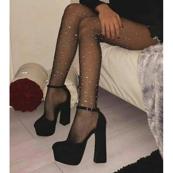 Siyah File Taşlı Çorap