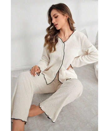 Bella Notte Bej Pamuklu Düğmeli Pijama Takımı 7079