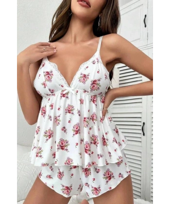 Bella Notte Beyaz Çiçek Desenli Şort Takım 7536