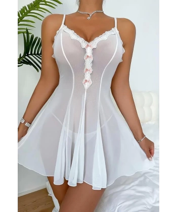 Bella Notte Beyaz Fiyonk Detaylı Transparan Gecelik 15900