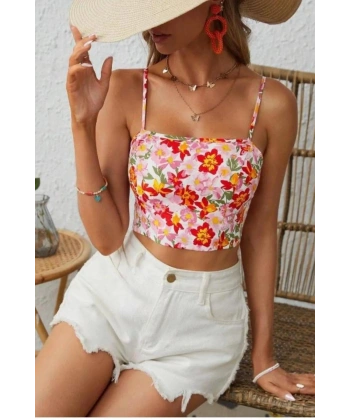 Bella Notte Çok Renkli Retro Çiçekli Askılı Crop B-5510