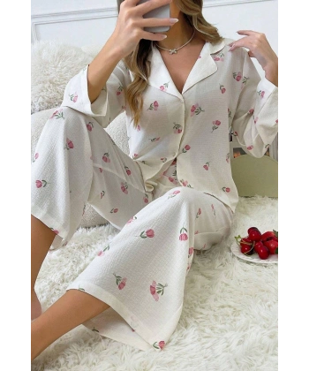 Bella Notte Ekru Desenli Düğmeli Uzun Pijama Takım 7085