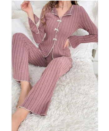 Bella Notte Gül Kurusu Kurdale Detaylı Uzun Kollu Pijama Takımı 7159