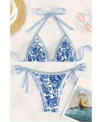 Bella Notte Mavi Desenli Üçgen Bikini Set M-9003