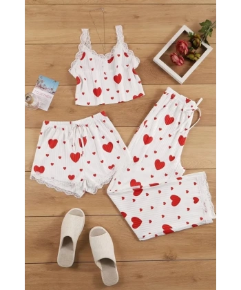 Bella Notte Pamuklu 3 Parça Kalp Desenli Pijama Takımı 7707