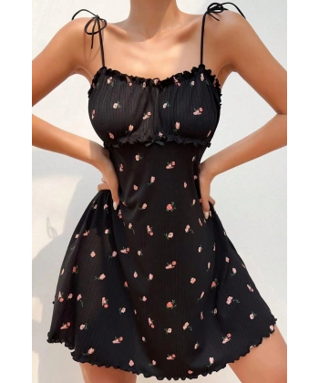 Bella Notte Siyah Çiçek Desenl Askılıi Mini Gecelik 15773