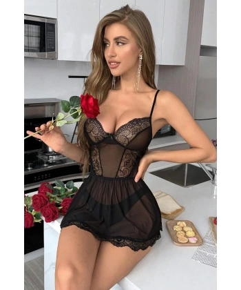 Bella Notte Siyah Dantel Detaylı Transparan Gecelik 15732