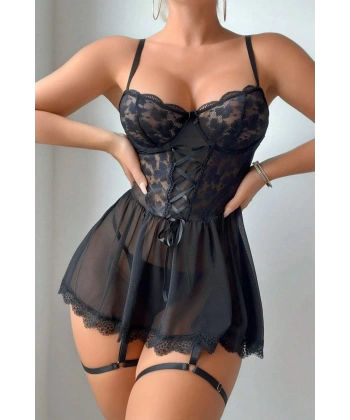 Bella Notte Siyah Örgü Detaylı Gecelik 15917