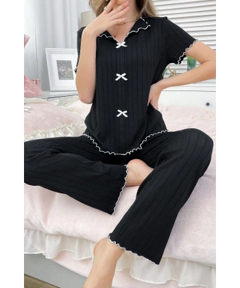 Bella Notte Siyah Rahat ve Şık Siyah Pamuklu Pijama Takımı 7121